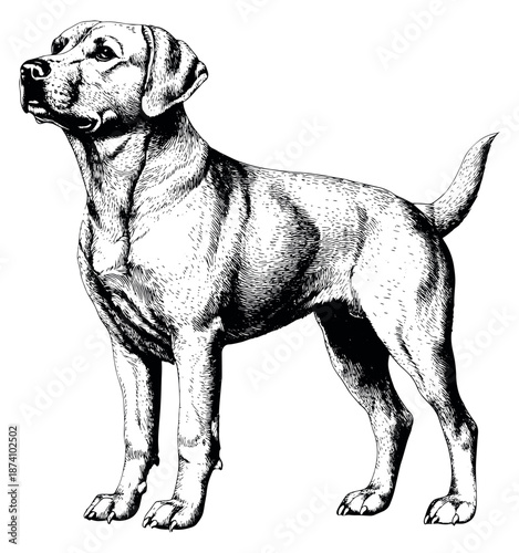 Hand drawn line art illustration of a Labrador Retriever dog depicting an alert standing pose for pet related designs