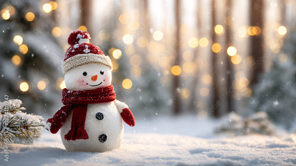 Obraz premium Charming Snowman in Winter Wonderland with Blurred Christmas Lights