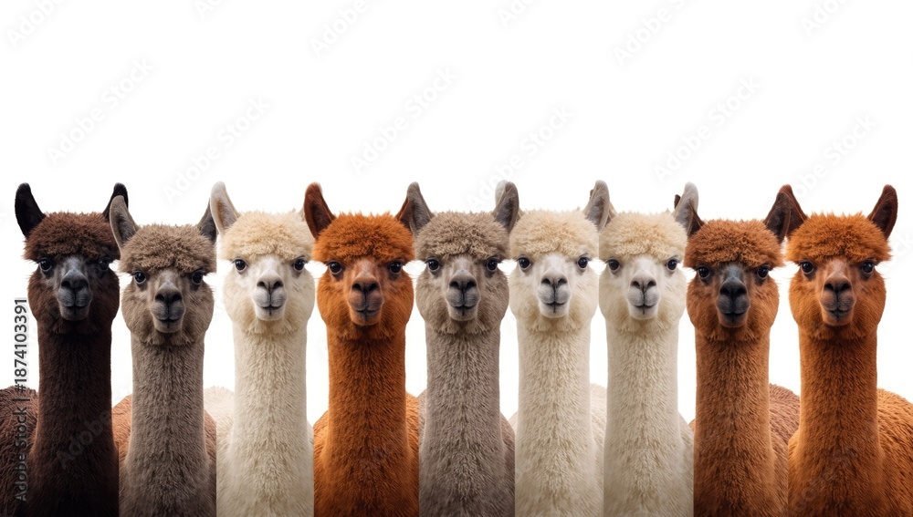 Fototapeta premium Group of vibrant alpacas lined up highlighting wool quality, livestock care