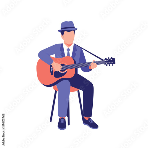 Man in Hat Playing Acoustic Guitar While Seated.