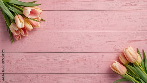 Colorful tulip bouquet placed on pink painted wood, ideal for spring-themed layouts or floral arrangements