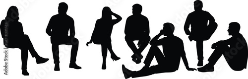 Black sitting people silhouettes set for architectural visualization urban landscape design outdoor park isolated white background cad drawing flat vector illustration