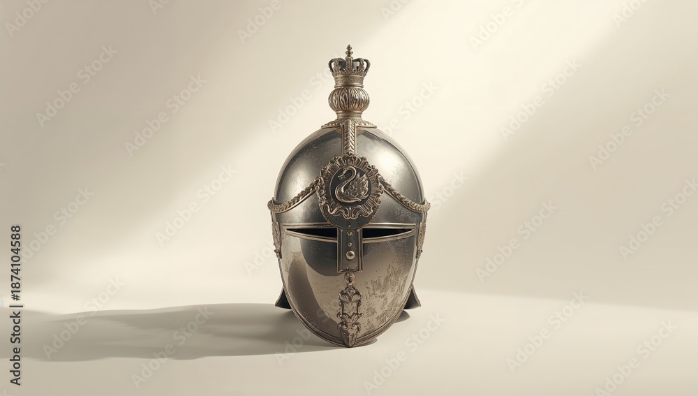 Fototapeta premium 15th-century Milanese helmet featuring heraldic swan and crown insignia, used in medieval armor collections