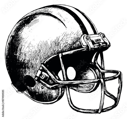 Hand drawn line art illustration of an American football helmet depicting classic sports head protection for athletic competition