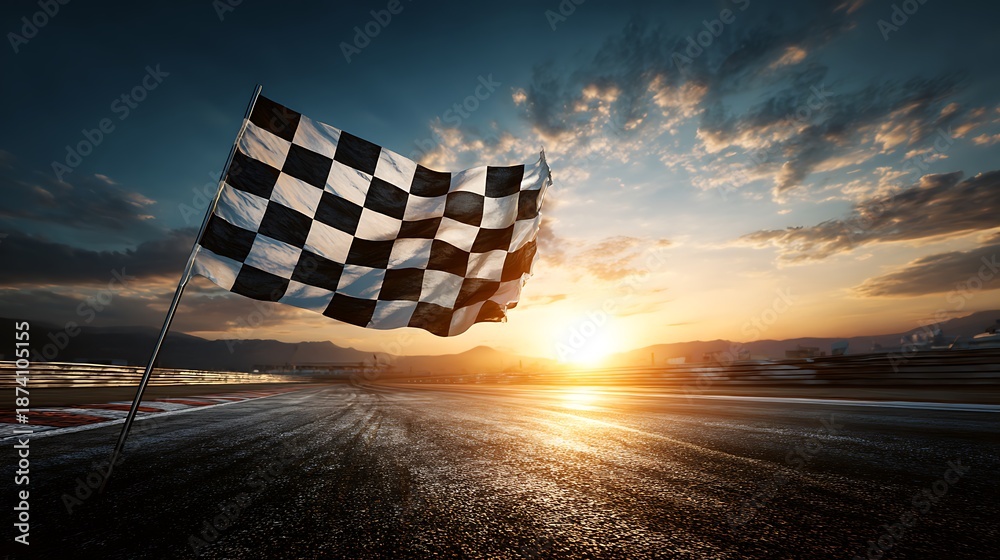 Obraz premium Checkered flag waves at sunset on a race track; blurred cityscape and bright sky