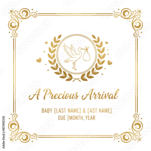 Golden stork baby arrival announcement vector template with ornate frame and laurel wreath, isolated on white