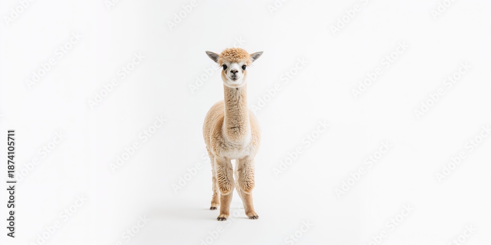 Fototapeta premium Young alpaca with light fawn coat isolated on white, showing typical fleece characteristics