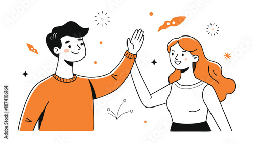 A man and woman enthusiastically high fiving, showcasing their connection and shared happiness in a lively interaction..eps