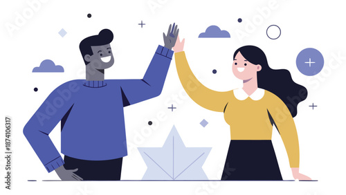 Two individuals joyfully giving each other a high five, expressing camaraderie and achievement..eps