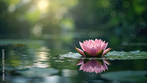 Pink lotus flower resting on a green water lily leaf, providing a peaceful nature backdrop for environmental visuals