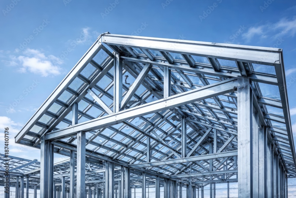 Obraz premium Blue sky backdrop with a modern steel roof frame illustrating progressive building material use