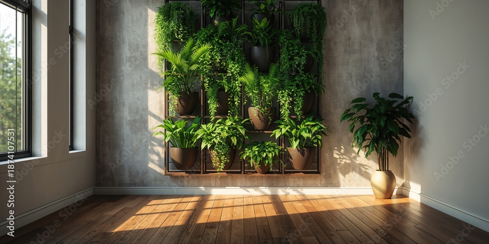 Obraz premium Vertical indoor garden featuring hanging pots, designed for interior green space enhancement