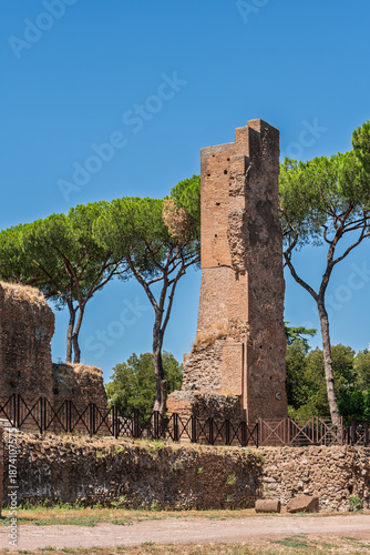 Photos Italy - Rome - Domus Flavia - Ancient Roman brick tower ruins with stone walls a