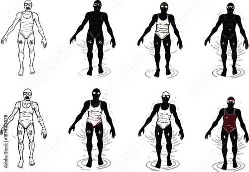 Human transformation silhouette vector, stylized character evolution, artistic identity shift, black graphic icon, conceptual design, psychological progression, abstract figure illustration