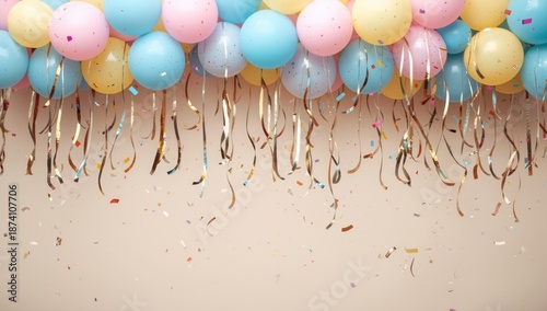 Colorful balloons and streamers arranged as a cheerful backdrop for birthday festivities, highlighting event decor