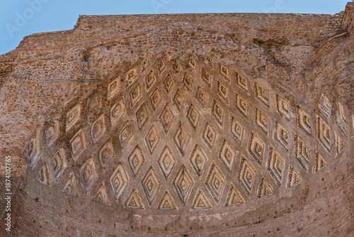 Italy - Rome - Temple of Venus and Roma - Ancient coffered ceiling vault with a geometric diamond pattern in the decorative Roman ruins.