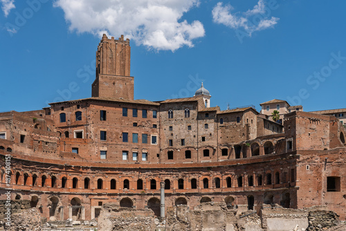 Italy - Rome - Trajan's Market - Ancient Roman semicircular brick market buildings include the Torre delle Milizie archaeological ruins.