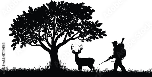 Hunter silhouette approaching deer, forest wildlife scene, nature adventure moment, black and white vector art, outdoor hunting illustration, tranquil woodland environment