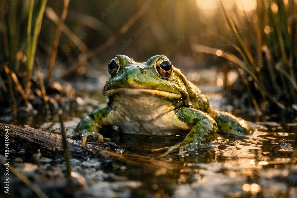 Obraz premium Sprightly green frog coming up from shallow water in marsh zone