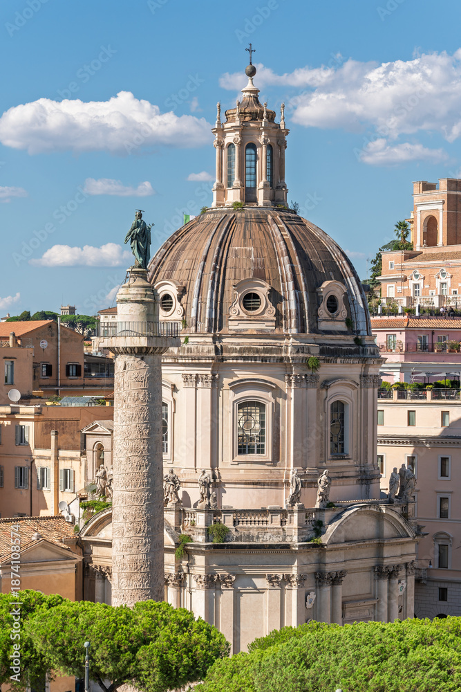 Obraz premium Italy - Rome - Vittoriano viewpoint - Trajan Column and church dome detail baroque architecture cityscape historic monument view
