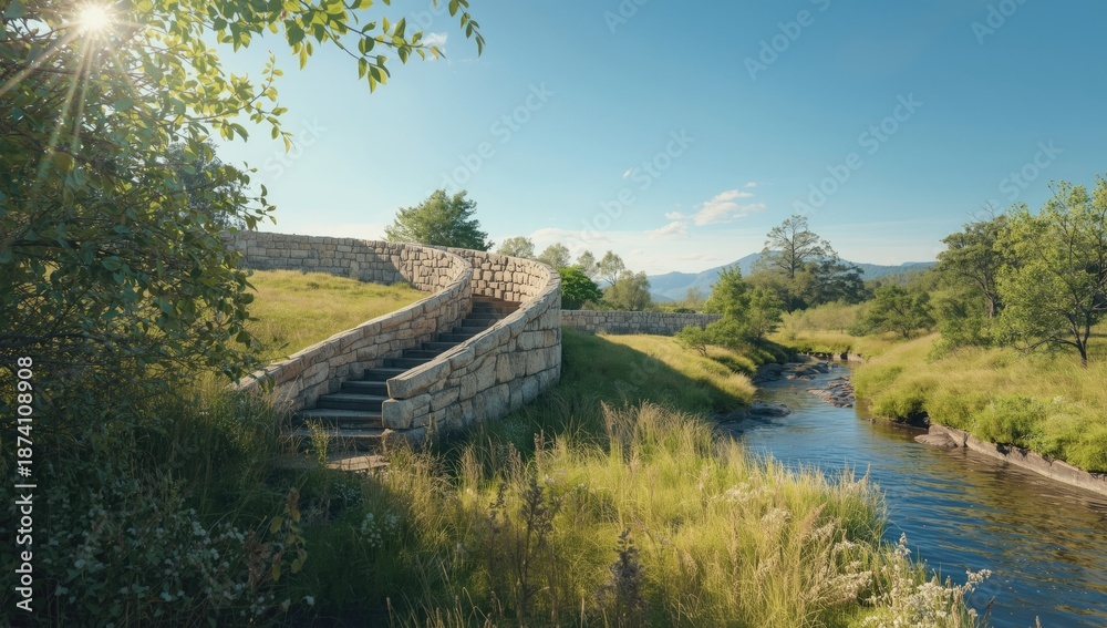 Fototapeta premium Spiral wall in bushland, functioning as a landscape boundary in a natural setting