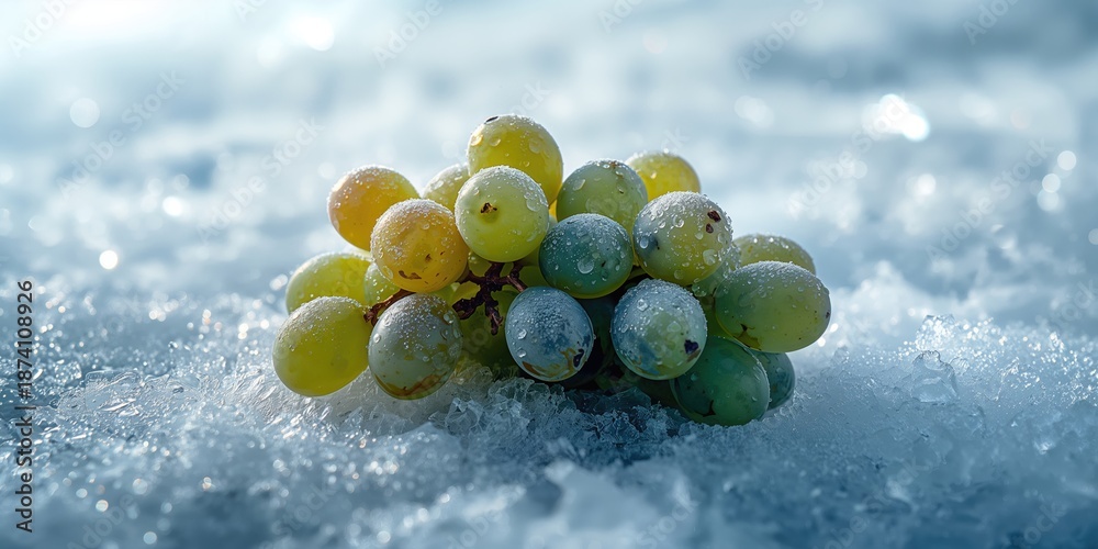 Fototapeta premium Cluster of grapes in icy conditions highlighting fruit preservation techniques