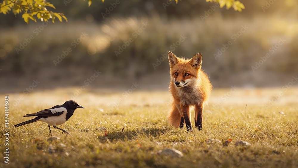 Fototapeta premium Wildlife scene featuring a red fox and magpie amidst foliage, highlighting animal behavior