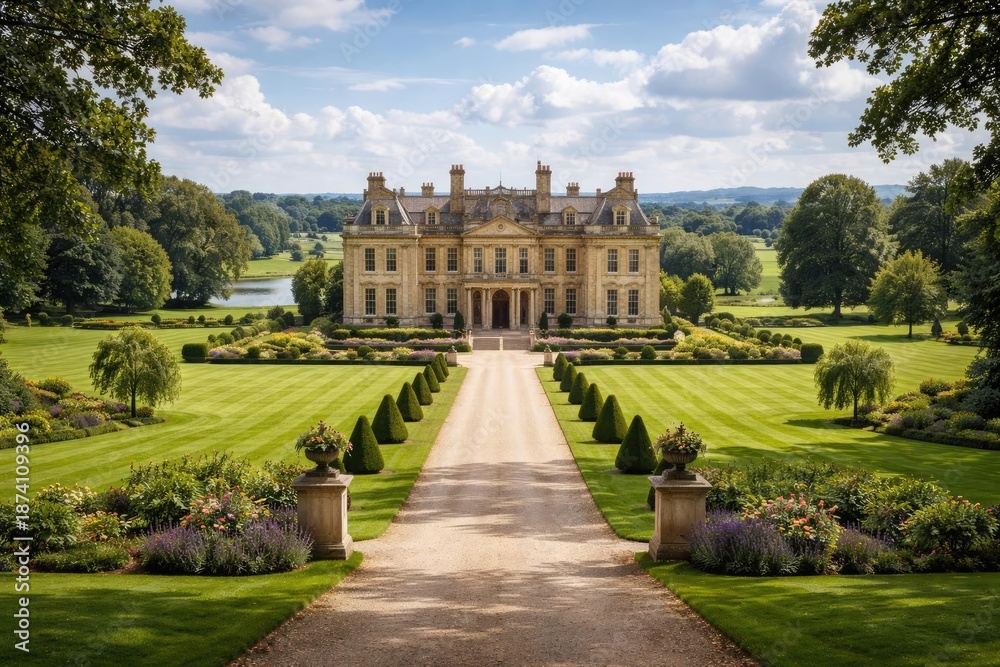 Obraz premium A regal mansion situated on a broad estate with vibrant green views