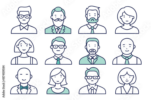 Icons illustrating business people, highlighting different professions and collaborative work environments..eps