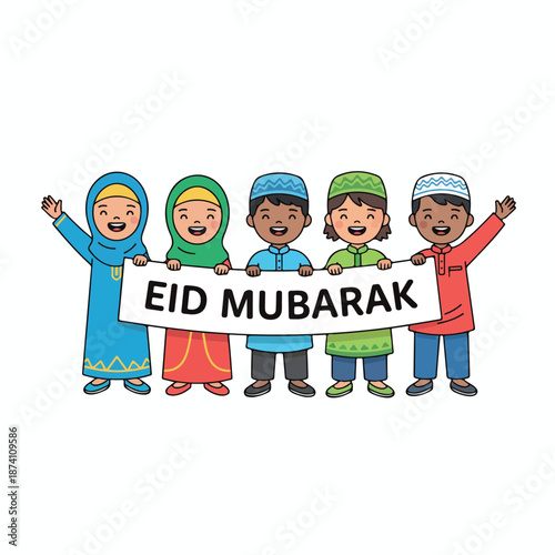 Diverse kids celebrating Eid Mubarak with joyful smiles and colorful traditional clothing
