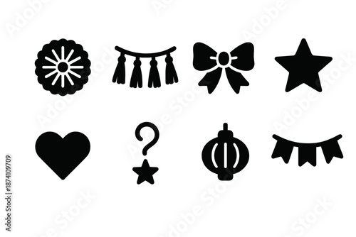 Backdrop Icon Set. Backdrop decorations. Filled icon set of Backdrop decorations: paper fan, tassel garland,