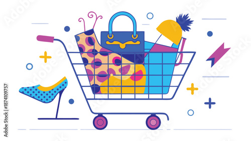 Engaging book cover art depicting an array of shopping items like bags and clothes, designed to attract retail enthusiasts..eps