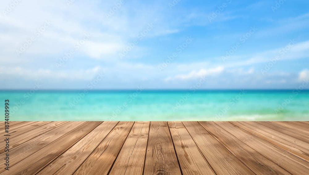 Fototapeta premium Wooden plank backdrop with a clear sky, ideal for editorial header backgrounds