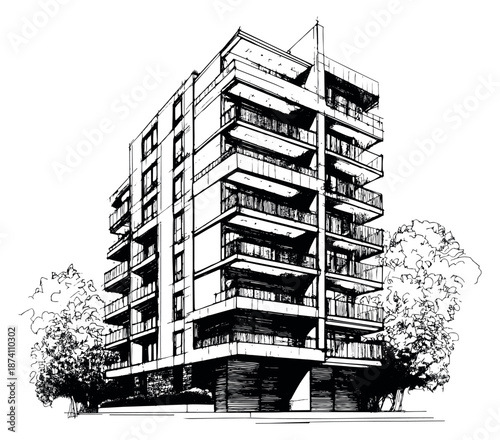 Hand drawn illustration of a modern apartment building depicting urban architecture for real estate design