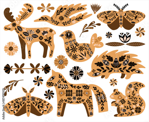 Folk animals and flowers vector illustration, Scandinavian botanical ornaments, floral rustic decorative elements collection