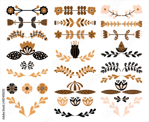 Folk flowers vector illustration, Scandinavian botanical ornaments, floral mirrored decorative elements collection