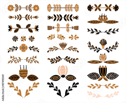 Folk flowers vector illustration, Scandinavian botanical ornaments, floral mirrored decorative elements collection