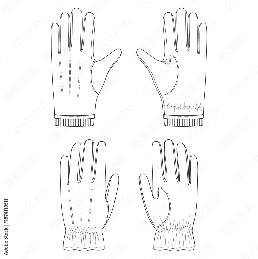 Fototapeta premium Vector fashion technical drawings of leather gloves with front and back view. Elastic details on the wrist area. Leather and knit fabric.