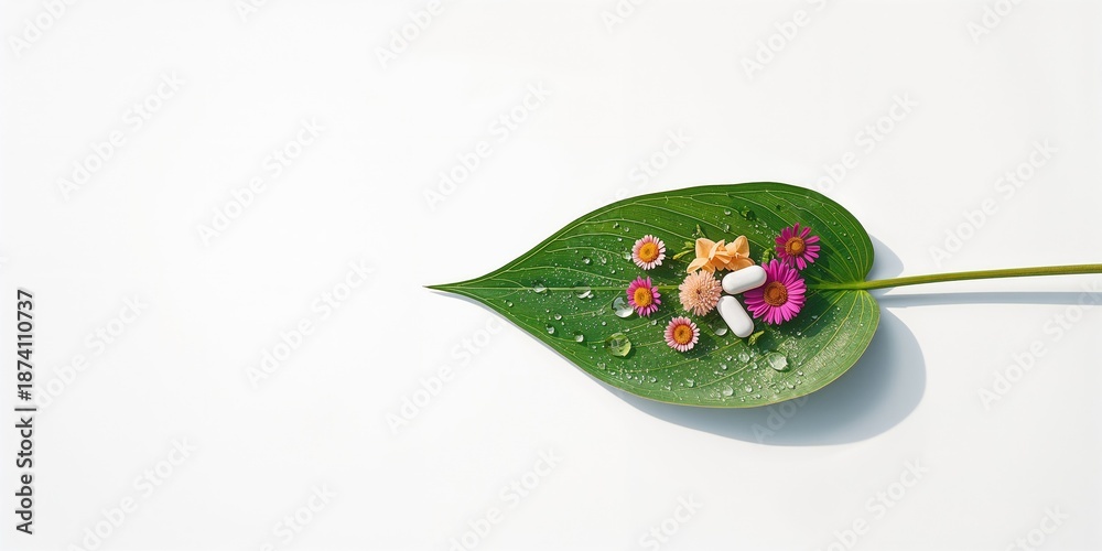 Fototapeta premium Homeopathic tablets atop a green leaf, highlighting herbal medicine use for wellness observance