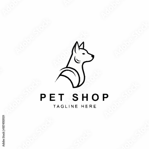 Minimalist line art logo of a dog for a pet shop.