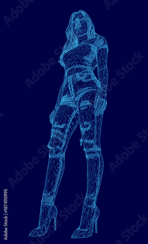 A wireframe illustration of a girl with long hair, wearing a shirt and jeans against a solid blue background.