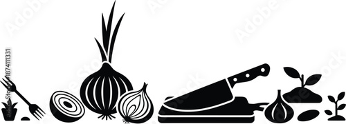 Onion Cooking and Gardening Tools Black and White Banner. Onion Food Preparation Silhouette with Knife and Garden Icons.