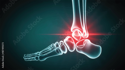 Medical 3D rendering of a human foot and ankle skeleton with a red highlight, illustrating pain or inflammation in the joint, useful for orthopedic and anatomical studies