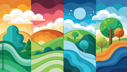 Four seasonal banners representing spring, summer, autumn, and winter, each with distinct colors and themes..eps