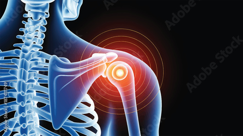 Modern medical illustration depicting chronic discomfort and inflammation within the human shoulder joint, highlighting areas of acute pain and musculoskeletal issues with radiating red signals