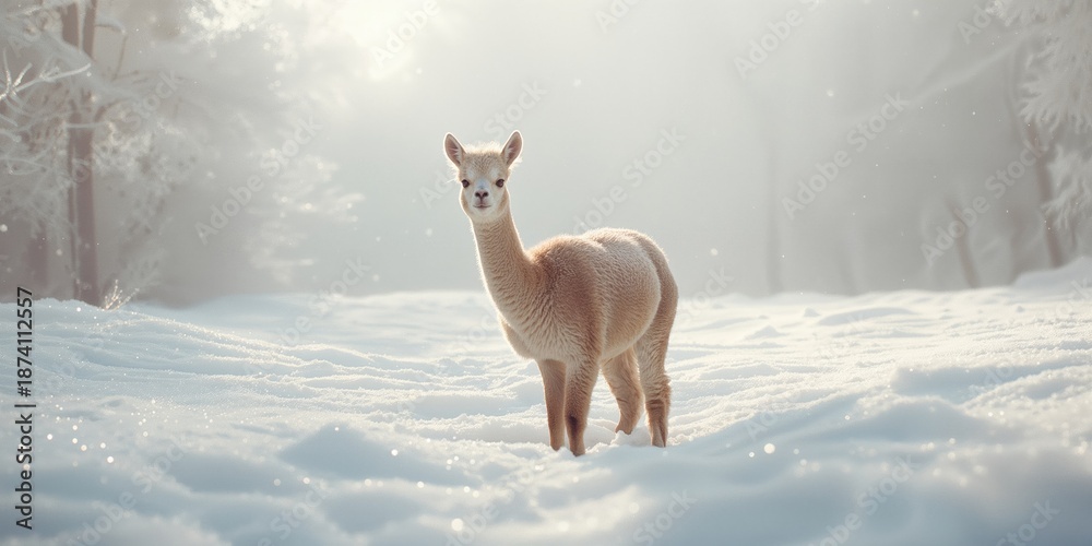 Fototapeta premium Vicuna, a species of camel family mammal, roaming in South American regions, highlighting wildlife preservation