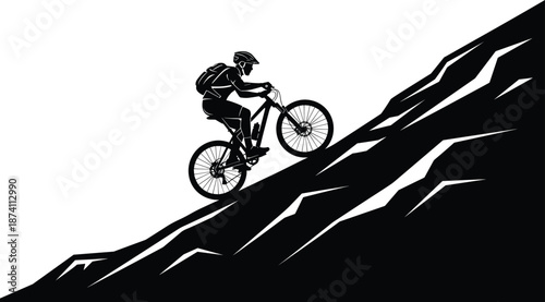 Mountain biking adventure vector illustration with cyclist climbing steep rocky trail, black silhouette icon for outdoor sports, extreme fitness, endurance challenge design