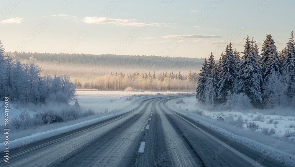Obraz premium Vehicle navigating a snow-covered forest road, highlighting winter weather challenges, winter safety awareness day