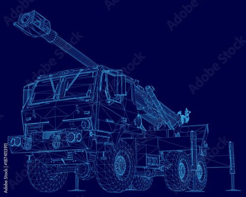 Blueprint of a military rocket launcher truck, presented as a white wireframe illustration on a dark blue background.