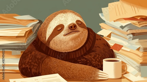 Illustrated sloth asleep at a desk surrounded by documents and coffee. Extreme fatigue, slow productivity, work exhaustion. Office burnout and workload imbalance metaphor